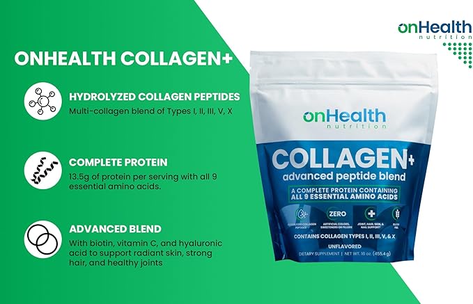 onHealth Multi Collagen Peptide Powder Types I, II, III, V & X Complete Protein with All 9 Essential Amino Acids Biotin, Hyaluronic Acid & Vitamin C Unflavored, Easy‑Mix Collagen for Women & Men