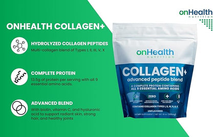 onHealth Multi Collagen Peptide Powder Types I, II, III, V & X Complete Protein with All 9 Essential Amino Acids Biotin, Hyaluronic Acid & Vitamin C Unflavored, Easy‑Mix Collagen for Women & Men
