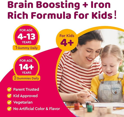 Iron Supplement Gummies for Kids, Kids Multivitamin with Iron Gummies - Zinc, Vitamin B Complex, A, C, D3, B12, Folate for Blood Builder & Energy Support, Iron Deficiency, Vegan Mixed Berry 60ct