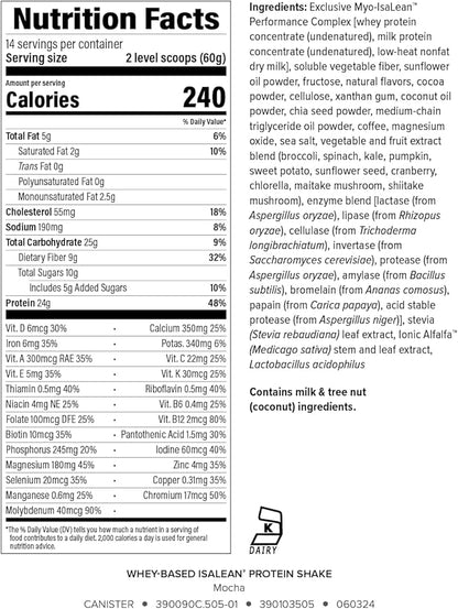 IsaLean Protein Shake - Complete Superfood Meal Replacement for Maintaining Healthy Weight and Lean Muscle Growth with 24 Vitamins and Minerals - 29.6 oz - 14 Meal Canister (Mocha) - Canister