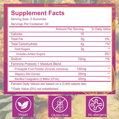 Feminine Probiotic + Moisture Gummies | Bacillus coagulans & Slippery Elm |Supports Intimate Comfort, Pineapple Flavor | 60 Count (1)