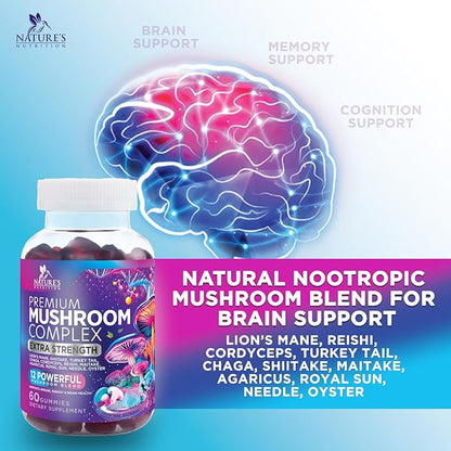 Mushroom Gummies Supplement 12 in 1 - High Grade Blend for Adults with Lions Mane, Reishi, Cordyceps, & Chaga Mushroom Complex Gummy, Memory & Immune Support & Nootropic Brain Supplements - 60 Gummies