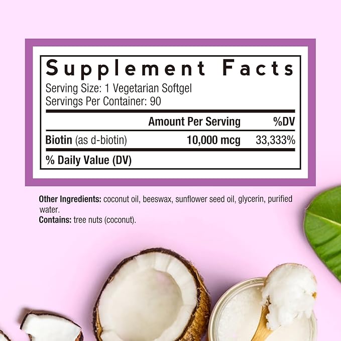 Doctor's Recipes Biotin 10,000 mcg, Hair Growth, Healthy Skin & Nails, Energy Metabolism, Vegetarian-Friendly Biotin, with Coconut Oil, Non-GMO, 3 Month Supply, 90 Vegetarian Softgels