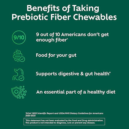 Benefiber Chewable Prebiotic GLP-1 Friendly Fiber Supplement Tablets for Digestive Health, Assorted Fruit Flavors - 100 Count