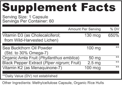 MoxyVites Vitamin D3 K2 5000 IU – High Absorption D3 + K2 MK-7 with Sea Buckthorn Oil & Omega-7 – Bone, Heart & Immune Support for Women & Men – 60 Vegan Capsules