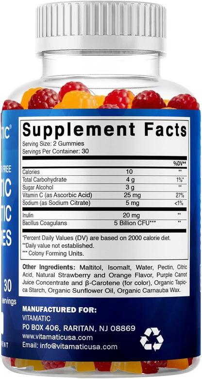 Vitamatic Sugar Free Probiotic Gummies for Men and Women – 5 Billion CFUs - 60Gummies per Bottle | 2 Pack (120 Gummies) Digestive, Immune & Gut Health Support – Gluten Free