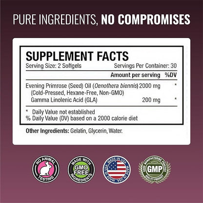 Approved Science Evening Primrose Oil - Maximum Strength - Cold Pressed - 10% GLA - Hormonal Balance, Skin and Heart Health - 60 Softgels - All Natural