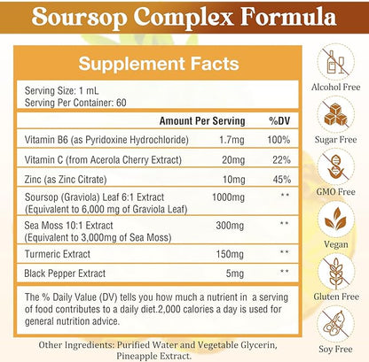 7-in-1 Soursop Graviola with Sea Moss Liquid Drops, Soursop Bitters Liquid Rich in Multivitamin for Digestive Antioxidant, Immune Boost, Cell Support & Regeneration, 2 Fl Oz Pineapple Flavor