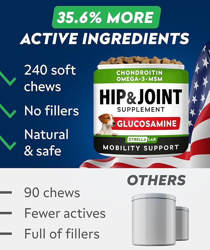 Glucosamine Treats for Dogs - Joint Supplement w/Omega-3 Fish Oil - Chondroitin, MSM - Advanced Mobility Chews - Joint Pain Relief - Hip & Joint Care - Bacon Flavor - 240 Ct - Made in USA