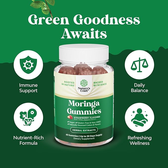 Extra Strength Moringa Gummies for Women - Natural Antioxidant Green Superfood Gummy Vitamins for Women with 10:1 Moringa Extract - Vegan Non-GMO & No Artificial Flavors or Colors - 60 Count (2 Pack)
