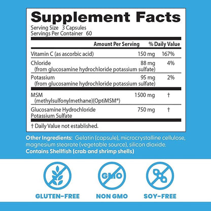 Doctor's Best Synergistic Glucosamine with MSM Formula - Joint Health Support Supplement for Women & Men, Features Vitamin C, Potassium, & Chloride, Non-GMO, Gluten Free, Soy Free - 180 Capsules