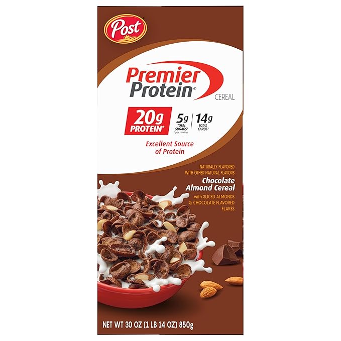 Post Premier Protein Chocolate Almond Cereal, Chocolatey Protein Cereal Flakes with Sliced Almonds, Contains 20g of Protein Per Serving, 30 OZ Box (Pack of 2)