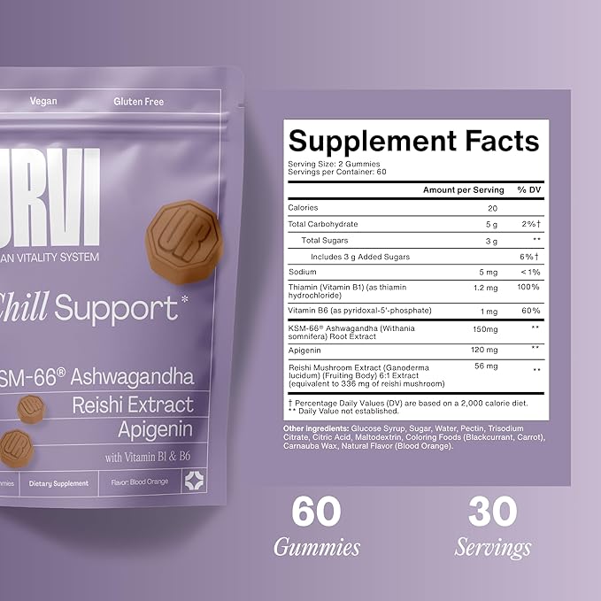 URVI® Chill Gummies – 120mg Apigenin + KSM-66 Ashwagandha + Reishi Mushroom Extract – Relaxation & Stress Relief – Vegan, Gluten-Free – Blood Orange Flavor, 60 Count