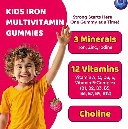 Iron Supplement Gummies for Kids, Kids Multivitamin with Iron Gummies - Zinc, Vitamin B Complex, A, C, D3, B12, Folate for Blood Builder & Energy Support, Iron Deficiency, Vegan Mixed Berry 60ct