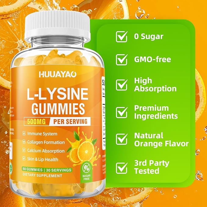 L-Lysine Gummies 500mg, Lysine Gummies Supplement for Immune Support & Skin Health, Collagen Formation Support, Vegan, Gluten Free Chewable Supplement for Adults & Kids, Orange Flavor, 60 Count