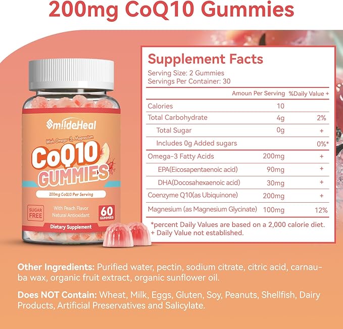 CoQ10 Gummies 200mg with Omega-3, EPA + DHA, & Magnesium - Coenzyme Q10 Supplements for Heart Health, Cellular Energy & Antioxidant, Vegan - 60 Gummies