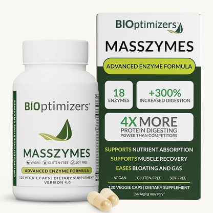 BIOptimizers MassZymes - Complete Digestive Enzymes Supplement for Gut Health - Bloating Relief for Men and Women - Lipase Amylase Bromelain Digestive Enzymes (120 Capsules)