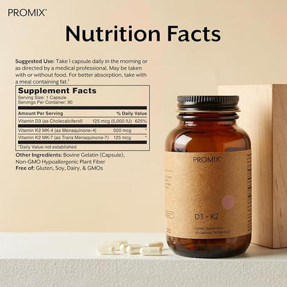 ProMix Nutrition Vitamin D3 K2 5000iu Supplement | MK4 & MK7 | Soy & Gluten Free - 90 Count Capsule
