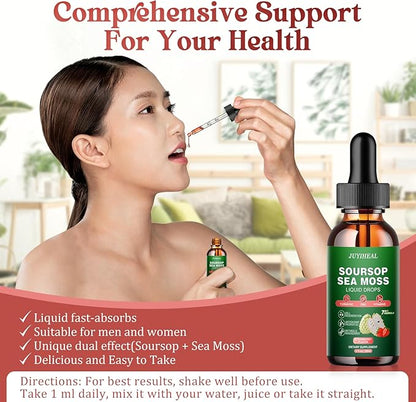 7-in-1 Soursop Bitters Liquid, Soursop Oil with Sea Moss & Turmeric & Vitamin for Immune & Digestive & Cell Support, Sugar-Free | Non-GMO | Vegan (2 Fl oz) Strawberry