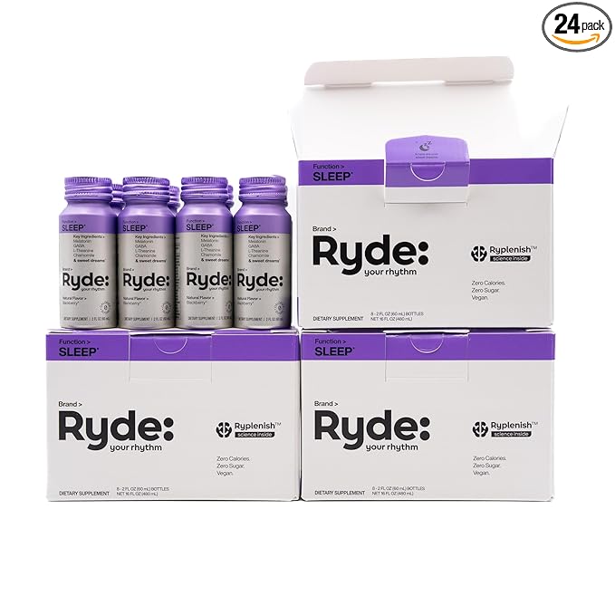 Ryde: SLEEP | 2oz Sleep Shot for Occasional Use | Melatonin, GABA, L-Theanine & Chamomile | Blackberry Natural Flavor | Sugar-Free, Zero Calories, Vegan | Manufactured in USA (24 Pack)