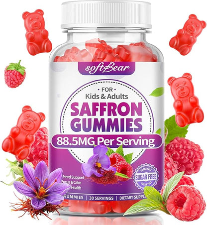 softbear Saffron Gummies for Kids & Adults, 10-in-1 Organic Saffron Supplements with 88.5mg Saffron Extract Support Calm Mind & Focus & Zzz, Sugar Free/Non-GMO, Raspberry Flavor 60 Count