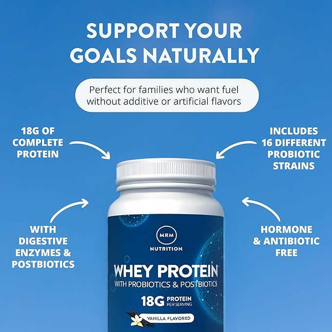 MRM Nutrition Whey Protein - Vanilla Flavored, Microfiltered Whey Protein Isolate & Concentrate, 16 Different Probiotic Strains, BCAAs, & Digestive Enzymes, Gluten Free, for Women & Men - 34 Servings