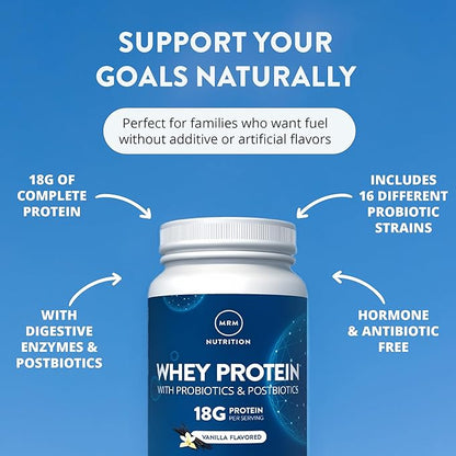 MRM Nutrition Whey Protein - Vanilla Flavored, Microfiltered Whey Protein Isolate & Concentrate, 16 Different Probiotic Strains, BCAAs, & Digestive Enzymes, Gluten Free, for Women & Men - 34 Servings