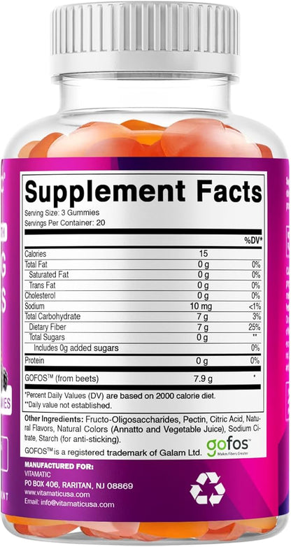 Vitamatic Prebiotic Fiber Gummies for Adults – 2 Pack (Total 120 Gummies) 7g Fiber per Serving | Extra Strength | Zero Sugar Added | Pectin-Based | Digestive Health & Regularity Support
