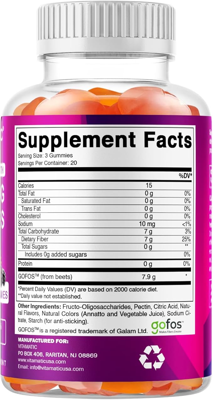 Vitamatic Prebiotic Fiber Gummies for Digestive Health & Regularity, Extra Strength, 7g Fiber per Serving, Zero Sugar Added, Made in USA, 60 Count (2 Pack)