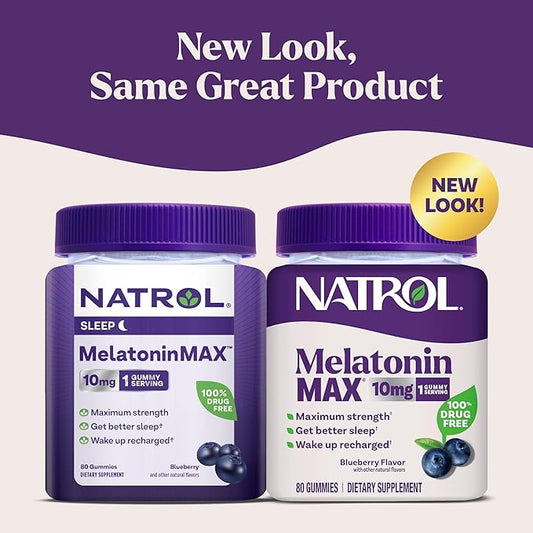 Natrol Melatonin 10mg Sleep Aid Supplement, 80 Count MelatoninMax Gummies, Blueberry Flavor, 10 mg Melatonin Gummies for Occasional Sleeplessness, 80 Day Supply