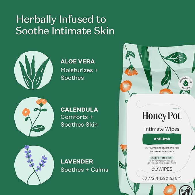 The Honey Pot Company - Anti-Itch Soothing Feminine Wipes - At Home or On the Go Medicated for Temporary Relief of Itching and Discomfort - Maximum Strength - 30 ct.