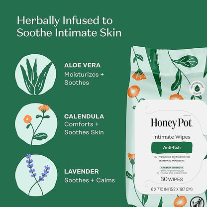 The Honey Pot Company - Anti-Itch Soothing Feminine Wipes - At Home or On the Go Medicated for Temporary Relief of Itching and Discomfort - Maximum Strength - 30 ct.