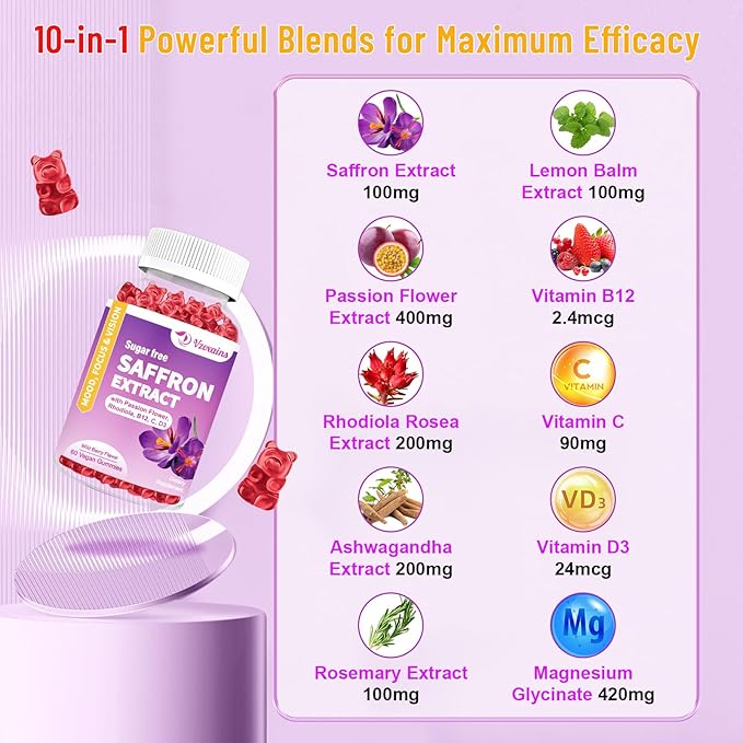 Saffron Gummies, 10 in 1 Saffron Supplements Gummies with Magnesium, Ashwagandha & Rhodiola Rosea, Sugar Free Vegan Mixed Berry Flavor - 2 Pack 120Cts