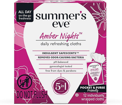 Summer's Eve Amber Nights Feminine Wipes, with Gentle pH-Balanced Formula Designed to Remove Odor, Individually Wrapped Wipes, 12 Count