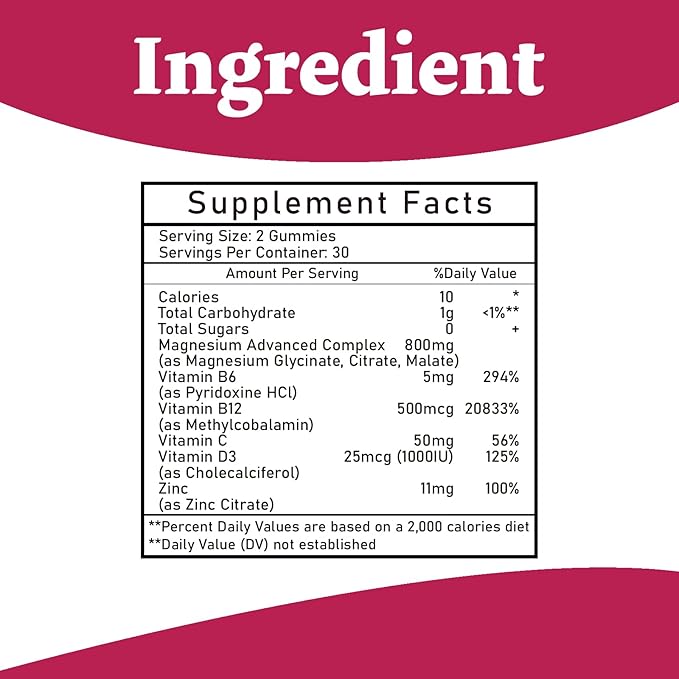 Magnesium Complex Gummies 800mg - 60 Counts Magnesium Glycinate&Citrate&Malate Gummy for Rest Muscle Function