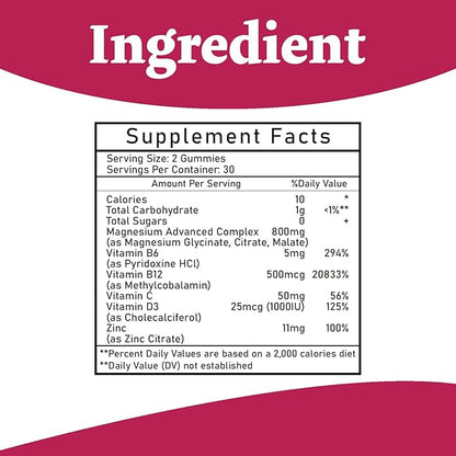 Magnesium Complex Gummies 800mg - 60 Counts Magnesium Glycinate&Citrate&Malate Gummy for Rest Muscle Function