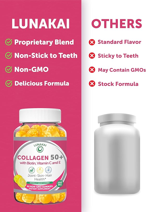 Lunakai USA Made Collagen Gummies for Women & Men Over 50, Biotin & Vitamin C, Supports Skin Elasticity, Hair & Nail Strength, Joint Support - 3 Pack