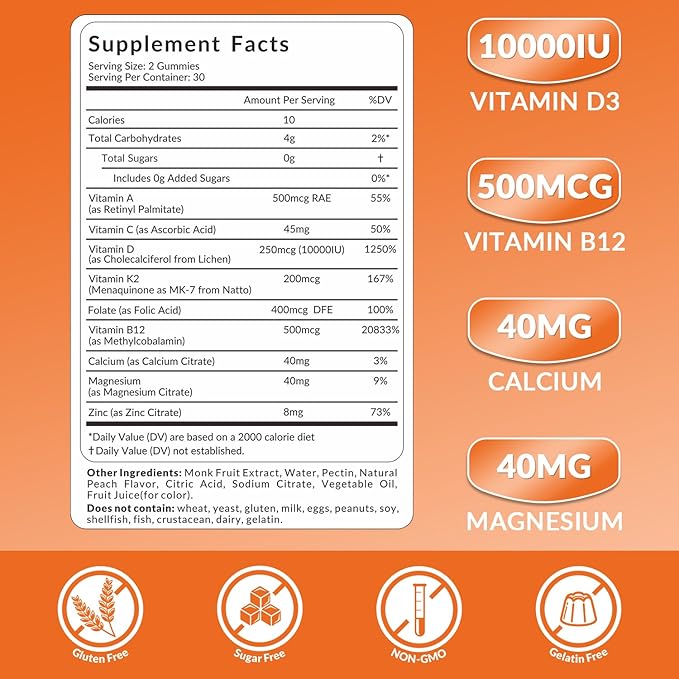 WEEVIT Vitamin D3 B12 Gummies, Vitamin D and B12 Gummy Suppment with Vitamin A, C, K, Calcium, Magnesium, Zinc for Women & Men