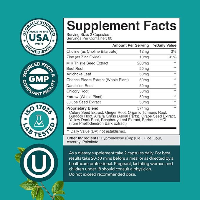 Liver Cleanse Detox & Repair - Herbal Liver Support with Ginger Root, Choline & Dandelion Root - Milk Thistle Supplement for Digestion & Immune Health - Silymarin, Beetroot & Artichoke - 120 Count