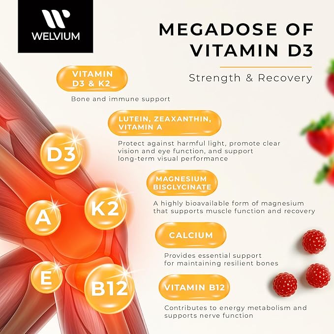 Vitamin D3 K2 Gummies 10000 IU with Magnesium Glycinate, Calcium, B12, K2 MK-7, Vitamins A, E, Lutein, Zeaxanthin - ADK Chewable Supplement for Bone, Eye, Immune Support - D3K2 Gummies