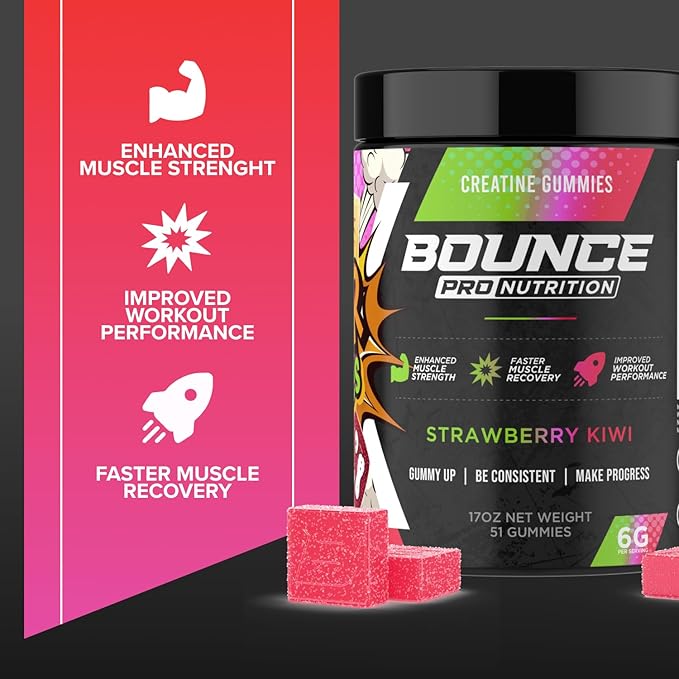 Bounce Pro Creatine Monohydrate Gummies for Men & Women, Low Calorie, 6G of Creatine per Serving, Vegan, Anti-Melting, Gluten-Free, Non-GMO (51 Count (Pack of 1), Strawberry Kiwi)