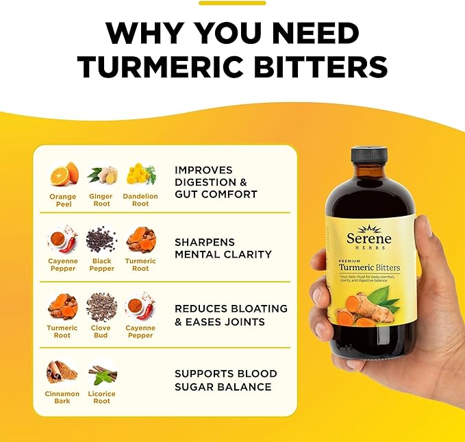 Serene Herbs Liquid Turmeric with Black Pepper - Turmeric Shots Curcumin Supplement 1000mg Extra Strength Herbal Drink, Digestive Bitters for Bloating Relief, Joint Health, Energy & Clarity - 16oz