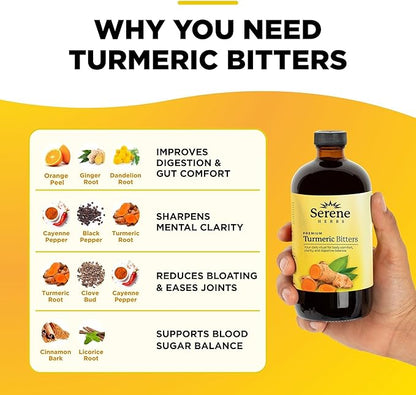 Serene Herbs Liquid Turmeric with Black Pepper - Turmeric Shots Curcumin Supplement 1000mg Extra Strength Herbal Drink, Digestive Bitters for Bloating Relief, Joint Health, Energy & Clarity - 16oz