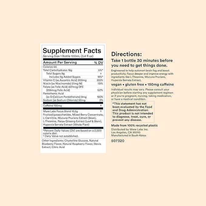 More Labs Liquid Focus, Nootropic Smart Drink with Powerful Antioxidants & Adaptogenic Herbs for Energy and Concentration, 150mg Caffeine (Pack of 24)