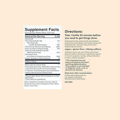 More Labs Liquid Focus, Nootropic Smart Drink with Powerful Antioxidants & Adaptogenic Herbs for Energy and Concentration, 150mg Caffeine (Pack of 12)