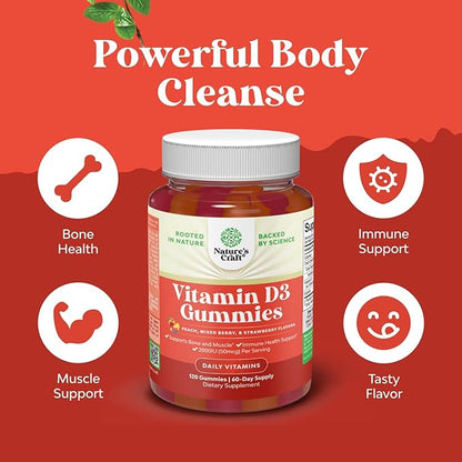 Natures Craft Vitamin D3 Gummies for Daily Wellness - Delicious Vitamin D Gummies for Adults with D3 2000IU per Serving Bone Muscle & Immune Support - Non-GMO Gelatin & Gluten Free - 120 Count