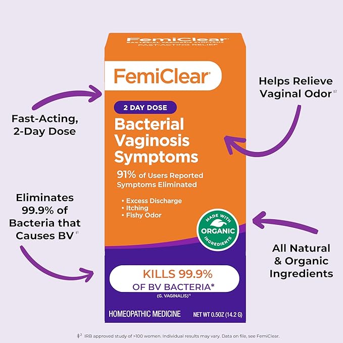 FemiClear for Bacterial Vaginosis Symtoms - Fast Relief for Discomfort, Itching & Discharge, pH Balance & Vaginal Health Support, Freshness & Odor Control, All-Natural Organic Ingredients, 2-Day Dose