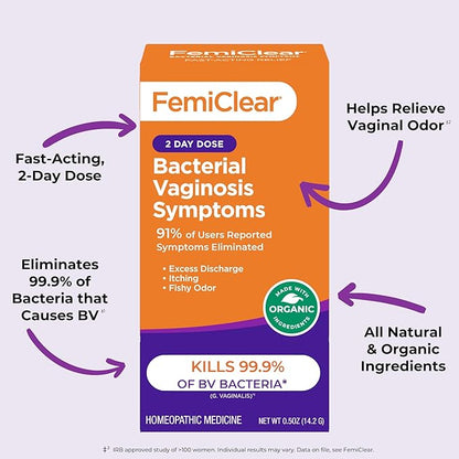 FemiClear for Bacterial Vaginosis Symtoms - Fast Relief for Discomfort, Itching & Discharge, pH Balance & Vaginal Health Support, Freshness & Odor Control, All-Natural Organic Ingredients, 2-Day Dose