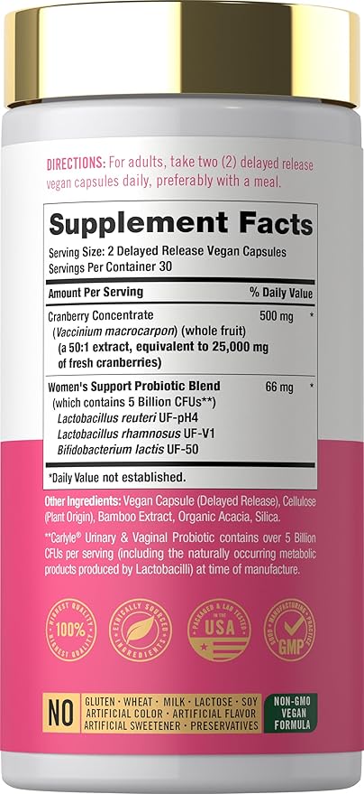 Carlyle Urinary and Vaginal Probiotic for Women | 60 Capsules | with Cranberry | Supports Healthy Urinary Tract, Vaginal pH, Yeast Balance, Vaginal Flora | Vegan, Non-GMO and Gluten Free | for Her