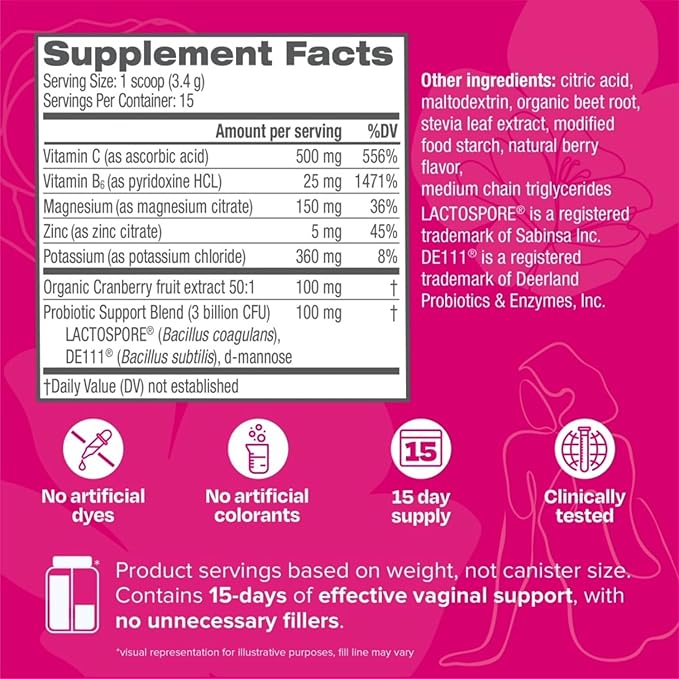 Cystex Vaginal Health Powder - Daily Electrolyte-Enhanced Support for pH Balance, Yeast, & Odor - Hydrating Berry Flavor - 15 Servings